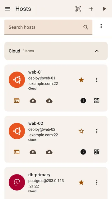 Saved hosts grouped by folder