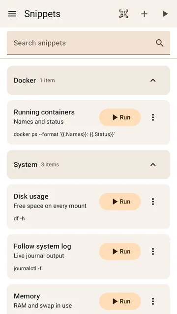 Saved commands with Run buttons